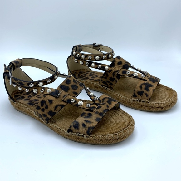 Jimmy Choo 7 Denise Pearl Embellished Leopard Print Leather Espadrille Sandals - Picture 2 of 11